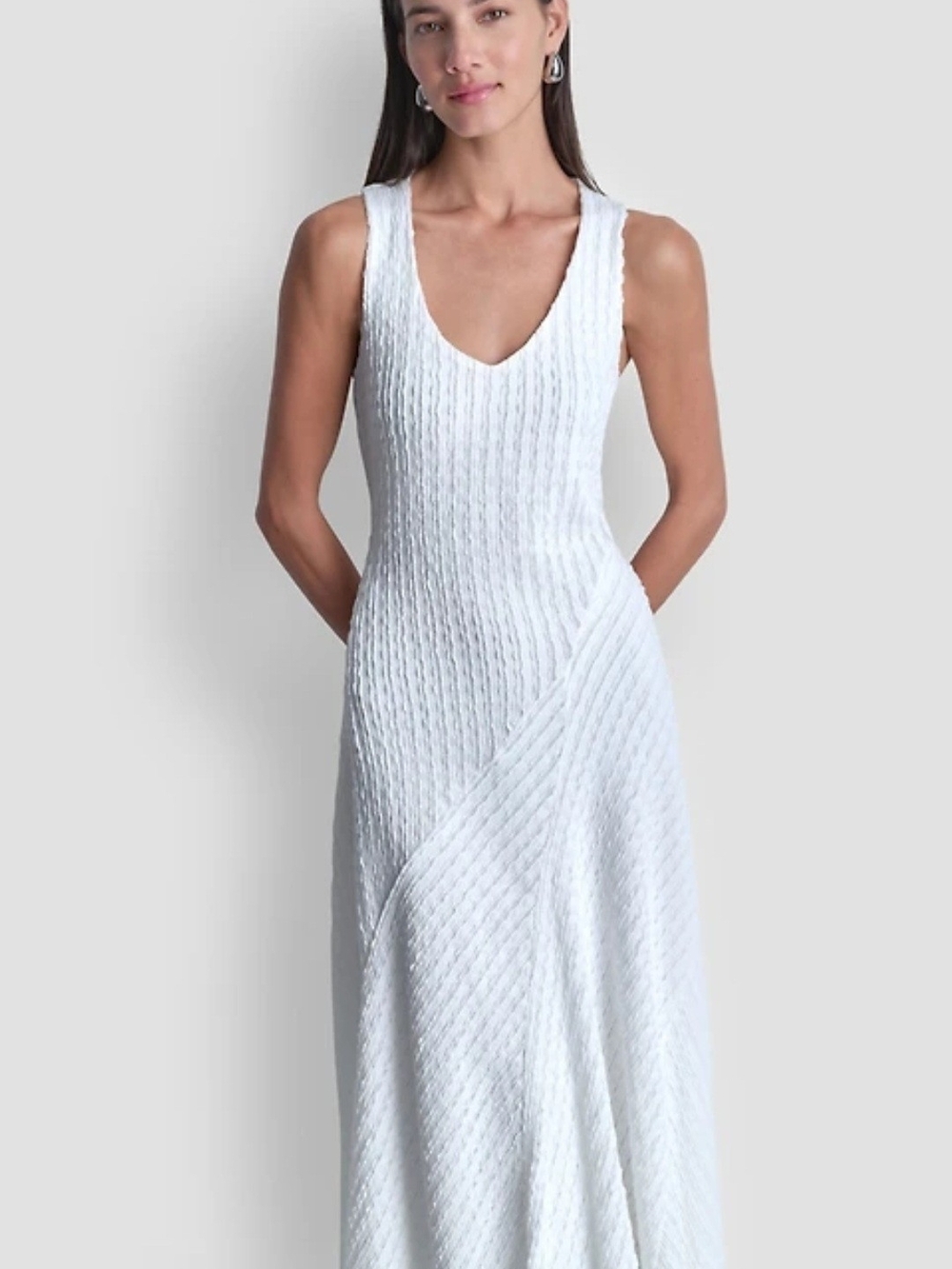 DKNY Sleeveless White Textured V-Neck Maxi Dress